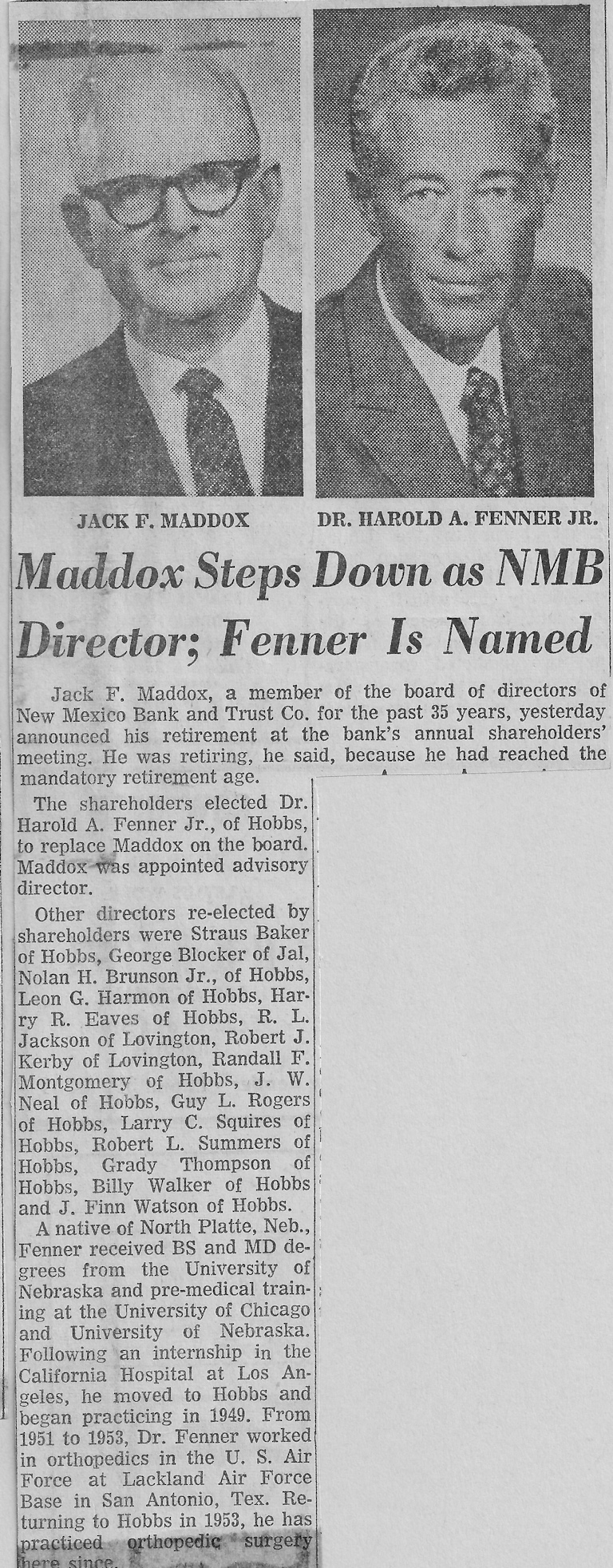 Dr. Fenner elected to the NM Bank and Trust Board of Trustees.