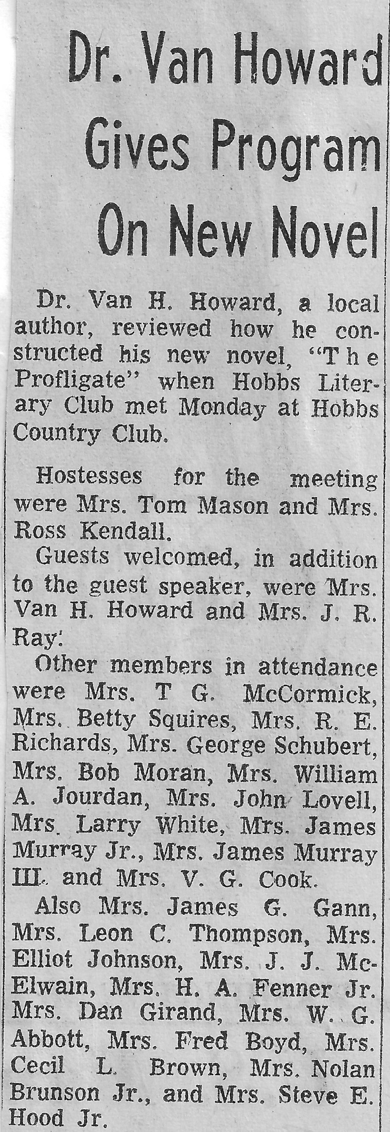 Dr. Howard discusses his novel at Hobbs Literary Club.