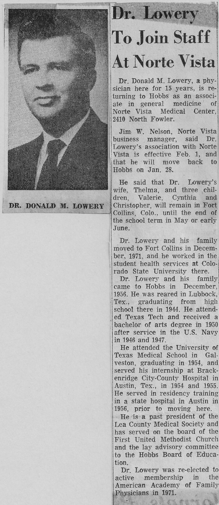 Dr. Donald M. Lowery joins Norte Vista.