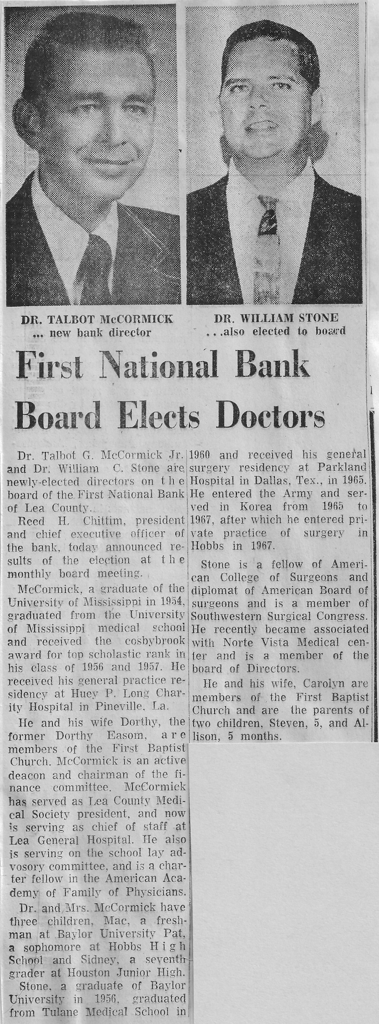 Drs. Stone and McCormick elected to Board of Trustees.